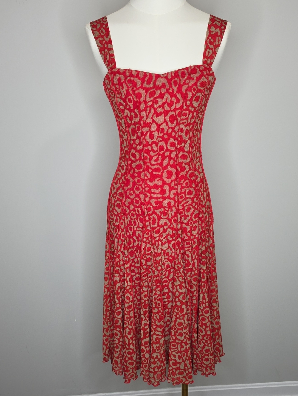 Joseph Ribkoff Vintage Midi Dress Size 4 Red Tan Leopard Print